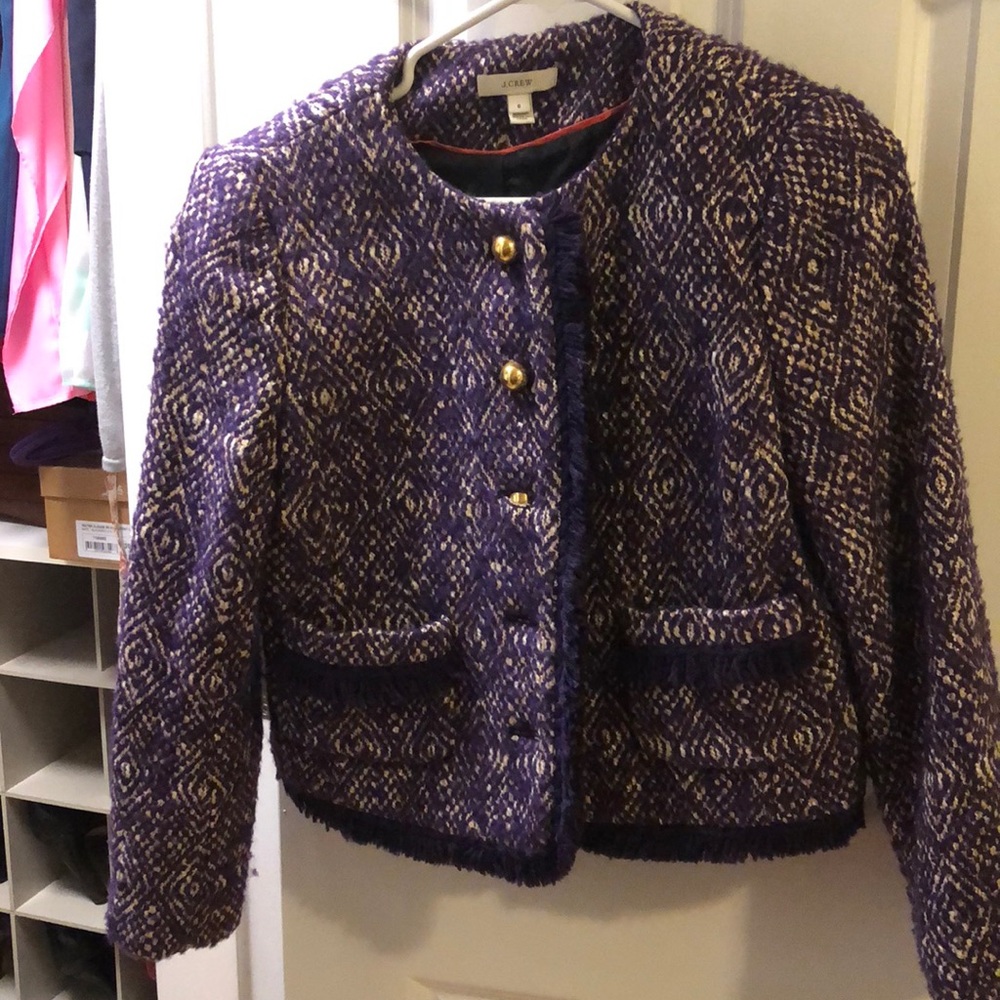J. Crew tweed purple fringe blazer